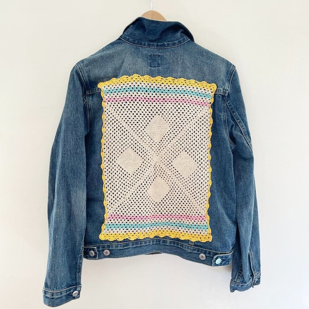 vintage denim jacket patches embroidered boho western cowgirl knit utility chic